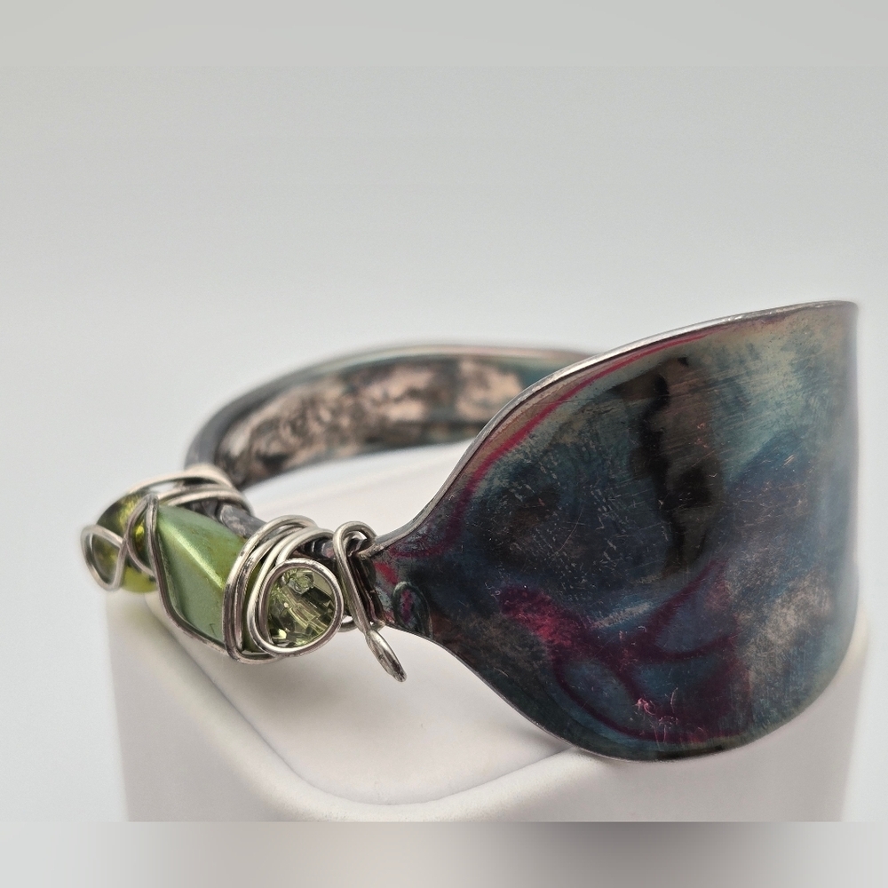 Spoon Bracelet Handmade Upcycled Silverware Jewelry Green Accent